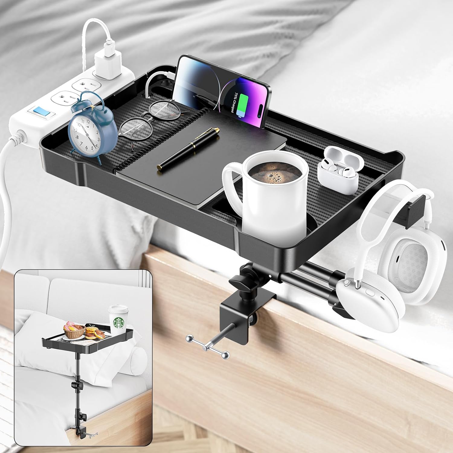 Bedside Shelf, Adjustable Height Bunk Bed Shelf Organizer Tray with Cup Holder
