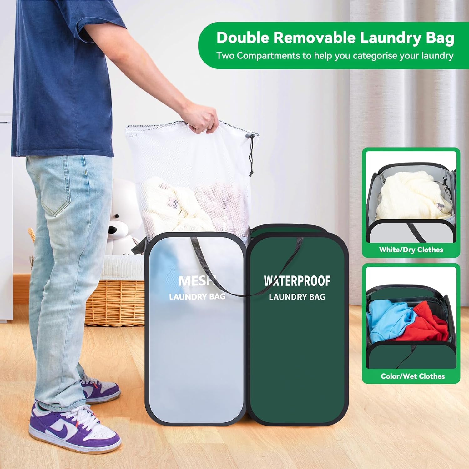 Pop Up Laundry Basket with Waterproof Wash Bag & Removable Mesh Bag