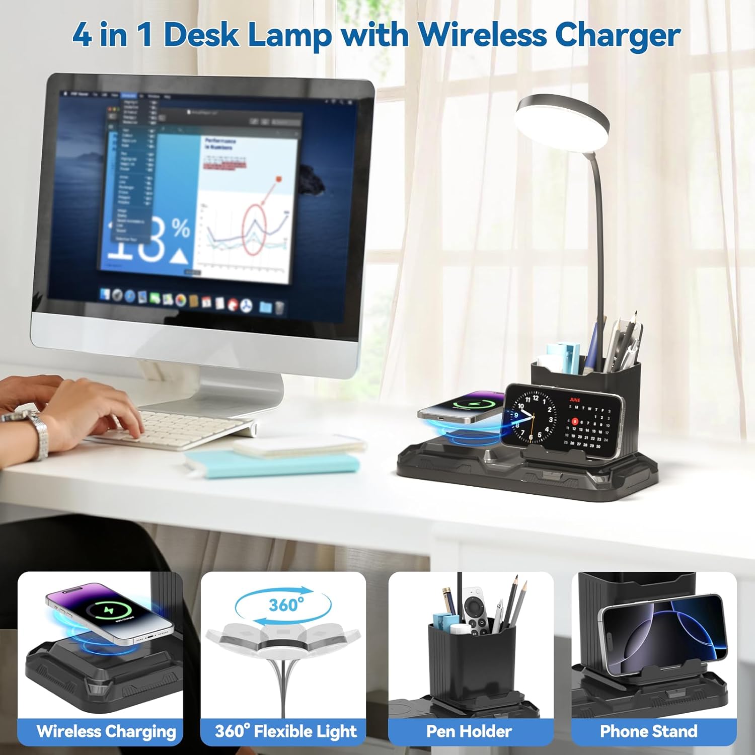 KDD 4 in 1 Desk Lamp with Wireless Charger