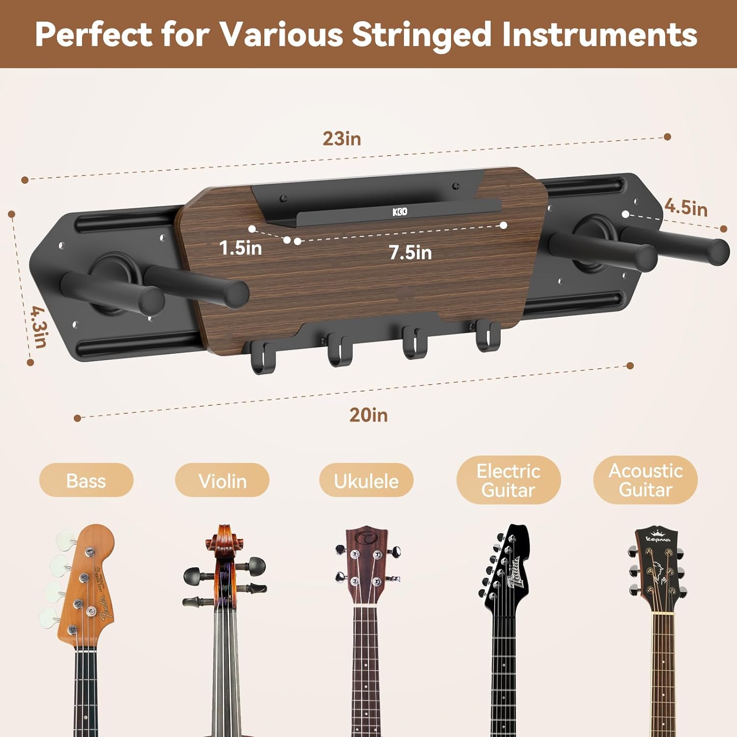 KDD Guitar Wall Mount with 4 Removable Rubber Hangers