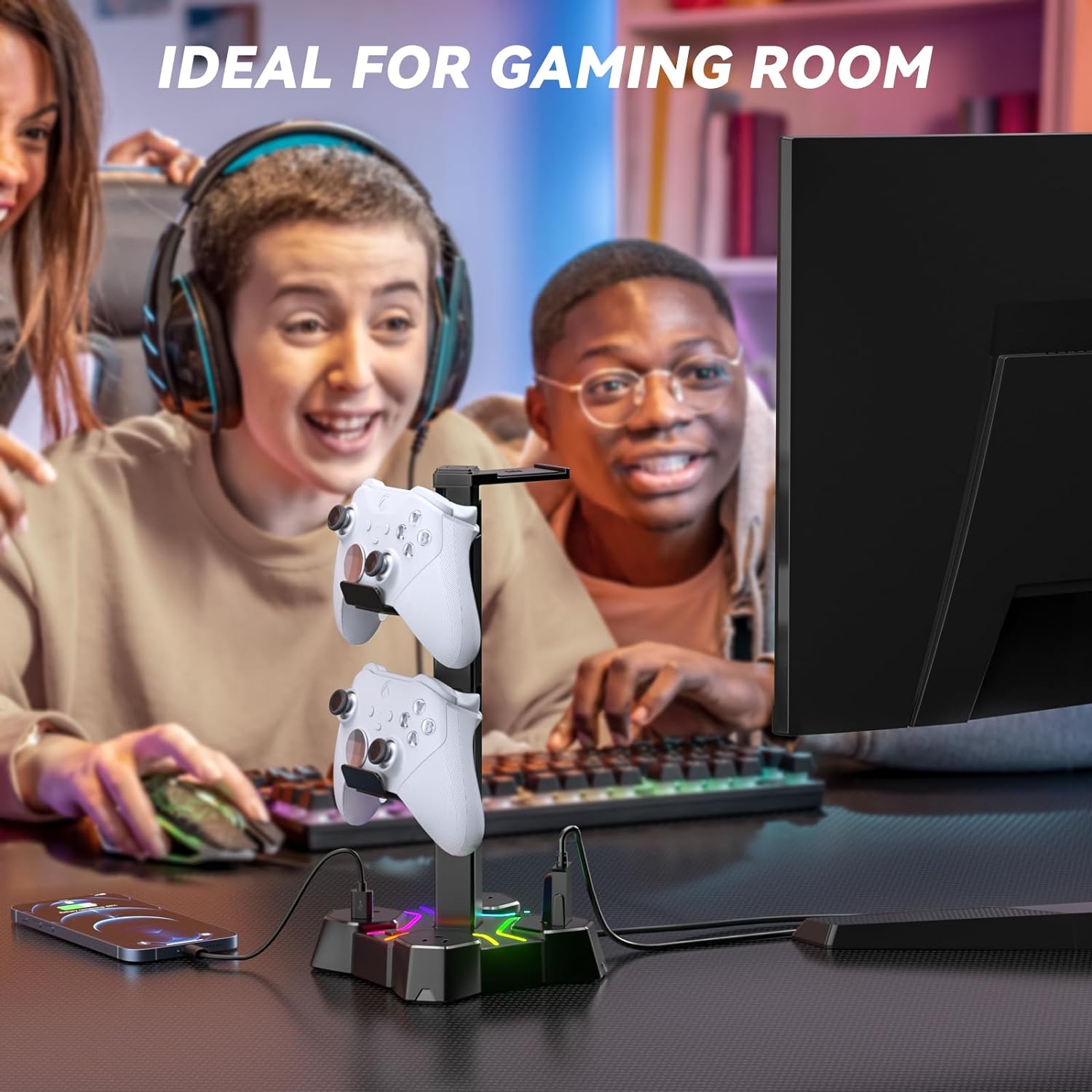 YuanDian Oplichten Hoofdtelefoon Controller Stand, 16 Kleuren 3D LED Verlichting Headset Gamepad Houder, Game Controller Hanger voor Alle Universele Gaming PC Accessoires YuanDian Oplichten Hoofdtelefoon Controller Stand, 16 Kleuren 3D LED Verlichting Headset Gamepad Houder, Game Controller Hanger voor Alle Universele Gaming PC Accessoires
