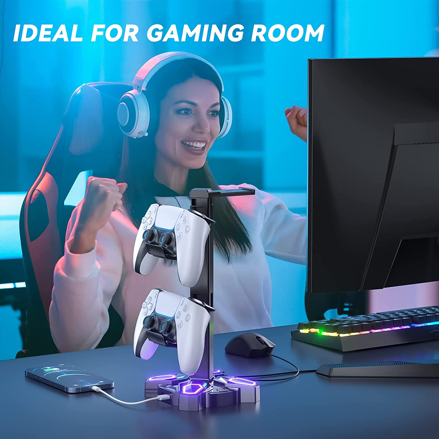 KDD Support Casque Gamer RGB, Porte Casque Rotatif avec 9 Modes de